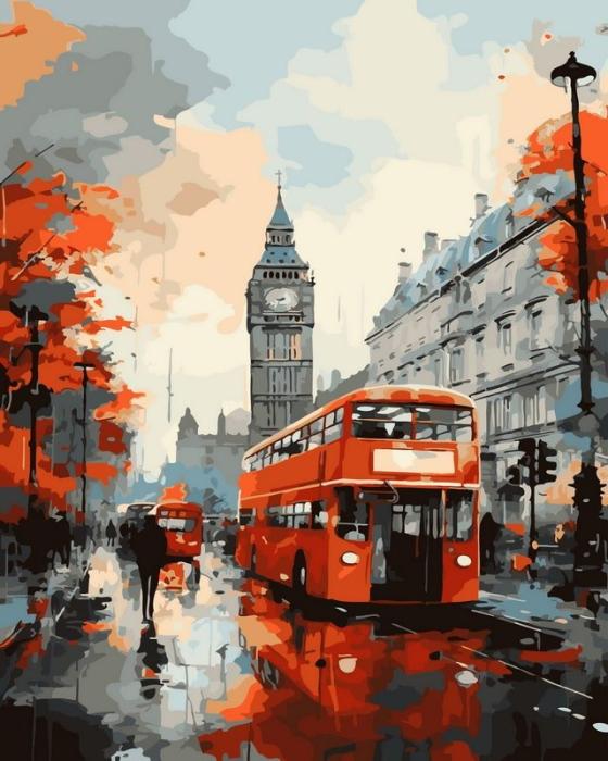 Urbanistinis piešimas su skaičiais tapyba pagal numerius -   Raudonas dviaukštis autobusas Londono lietuje 40x50 cm + Medinis Rėmas