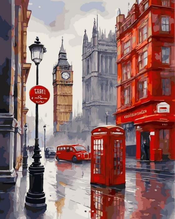 Urbanistinis piešimas su skaičiais tapyba pagal numerius -   Londono gatvė su Big Benu ir raudona telefono būdele 40x50 cm + Medinis Rėmas