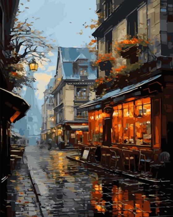 Urbanistinis piešimas su skaičiais tapyba pagal numerius -   Jauki vakaro kavinės gatvė 40x50 cm + Medinis Rėmas