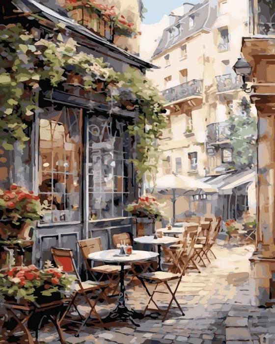 Urbanistinis piešimas su skaičiais tapyba pagal numerius -   Jauki Paryžiaus kavinė 40x50 cm + Medinis Rėmas