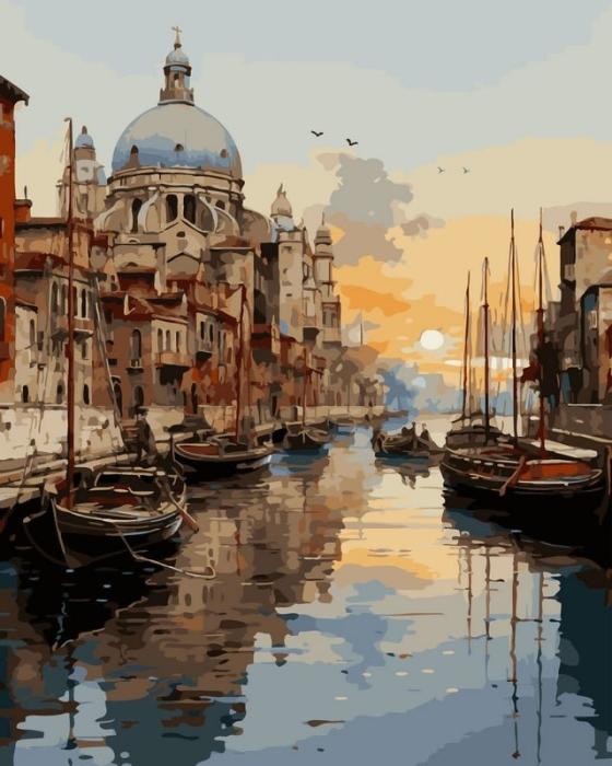 Urbanistinis piešimas su skaičiais tapyba pagal numerius -   Venecijos saulėlydžio kanalas 40x50 cm + Medinis Rėmas