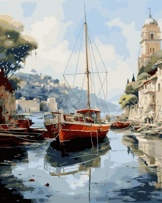 Vyriškas piešimas su skaičiais tapyba pagal numerius -   Viduržemio jūros uostas su laivais 40x50 cm + Medinis Rėmas