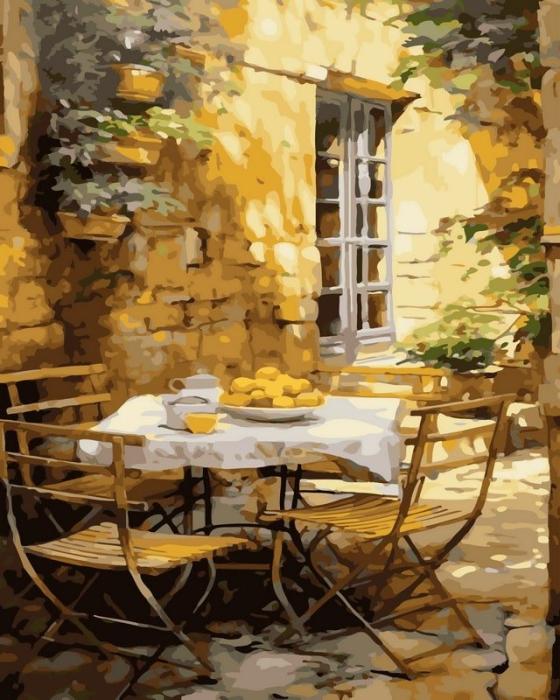 Urbanistinis piešimas su skaičiais tapyba pagal numerius -   Provanso terasos pusryčiai 40x50 cm + Medinis Rėmas