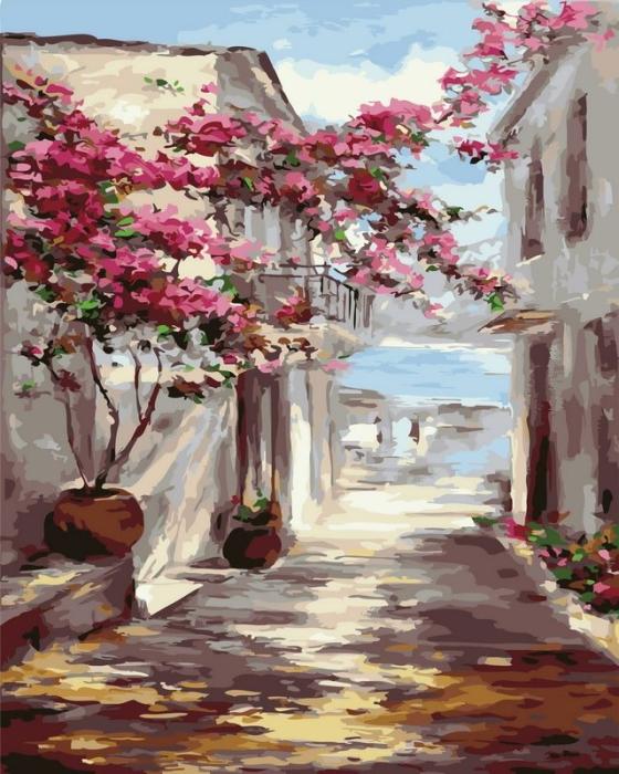 Urbanistinis piešimas su skaičiais tapyba pagal numerius -   Viduržemio jūros alėja su bugenvilija 40x50 cm + Medinis Rėmas