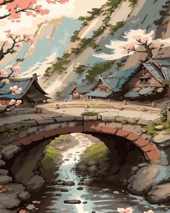 Neutralus  piešimas su skaičiais tapyba pagal numerius -   Japoniško tilto kaimo scena 40x50 cm + Medinis Rėmas