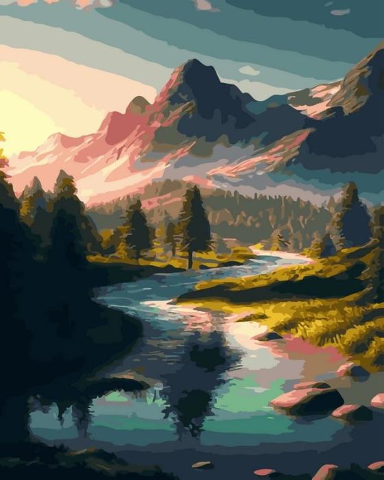 Neutralus  piešimas su skaičiais tapyba pagal numerius -   Kalnų upė saulėlydžio metu 40x50 cm + Medinis Rėmas