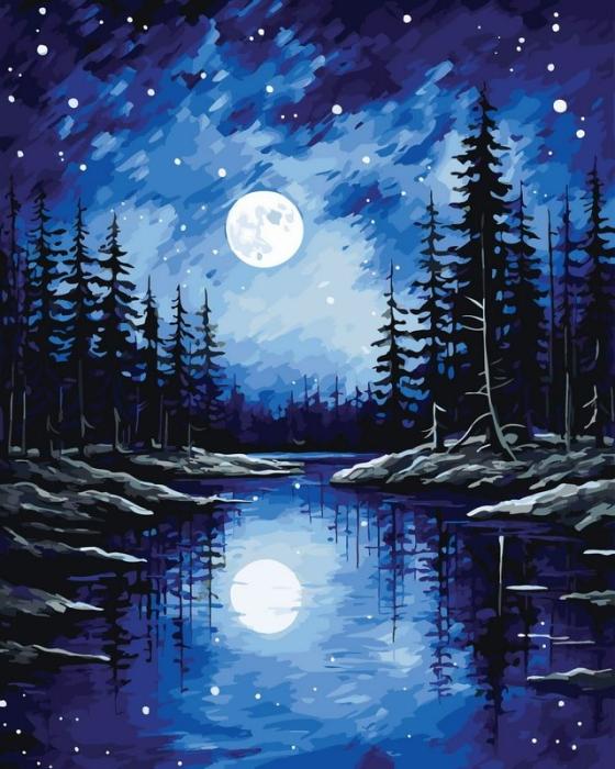 Neutralus  piešimas su skaičiais tapyba pagal numerius -   Mėnesienos miško sapnų peizažas 40x50 cm + Medinis Rėmas