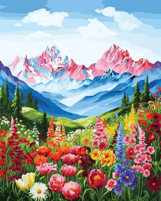 Moteriškas piešimas su skaičiais tapyba pagal numerius -   Gėlės ir kalnų vaizdas 40x50 cm + Medinis Rėmas