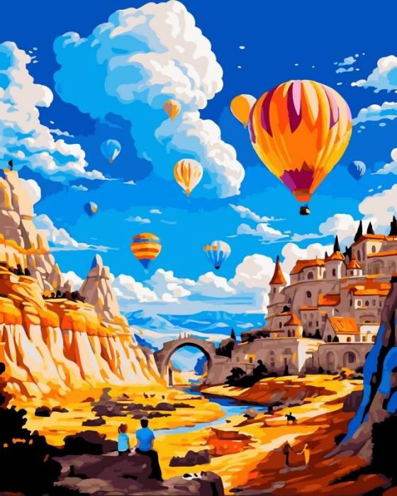 Neutralus ir raminantis piešimas su skaičiais tapyba pagal numerius -   Karšto oro balionai virš Canyon Town 40x50 cm + Medinis Rėmas