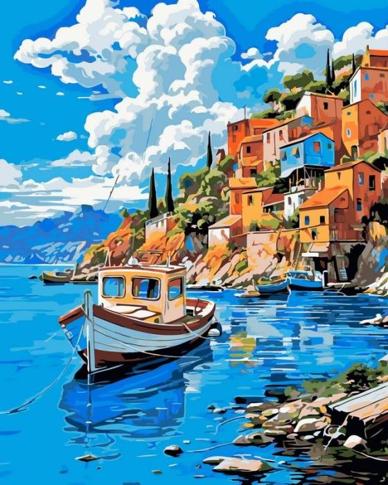 Neutralus ir raminantis piešimas su skaičiais tapyba pagal numerius -   Viduržemio jūros pakrantės kaimo laivas 40x50 cm + Medinis Rėmas