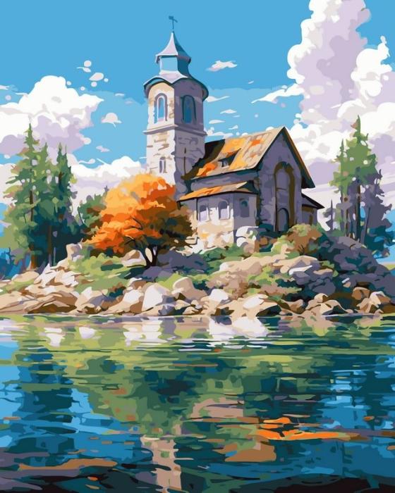 Neutralus  piešimas su skaičiais tapyba pagal numerius -   Ežero pakrantės akmeninės bažnyčios atspindys 40x50 cm + Medinis Rėmas
