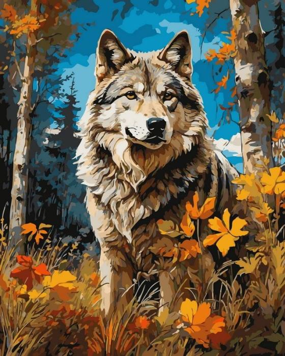 Neutralus  piešimas su skaičiais tapyba pagal numerius -   Miško vilkas auksiniuose lapuose 40x50 cm + Medinis Rėmas