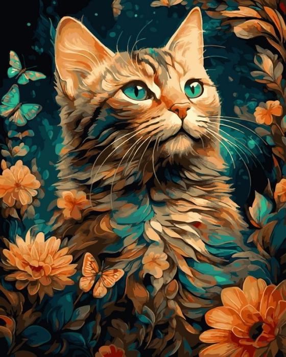 Moteriškas piešimas su skaičiais tapyba pagal numerius -   Rudens katė su drugeliais 40x50 cm + Medinis Rėmas