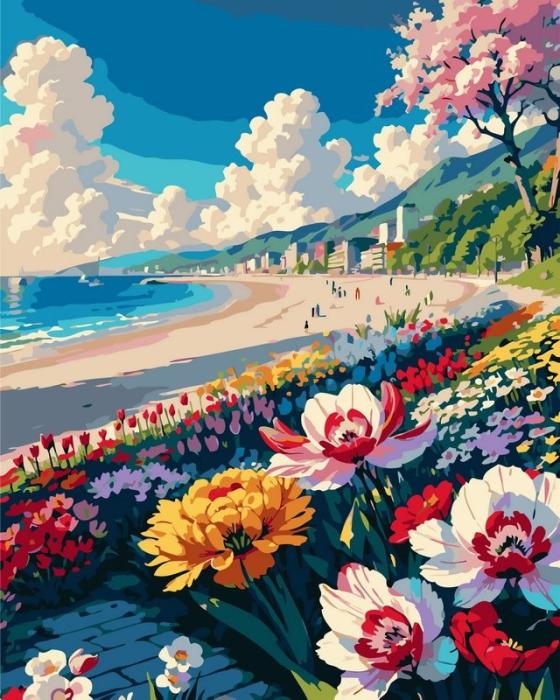 Moteriškas piešimas su skaičiais tapyba pagal numerius -   Žydinčioje pajūrio promenadoje 40x50 cm + Medinis Rėmas