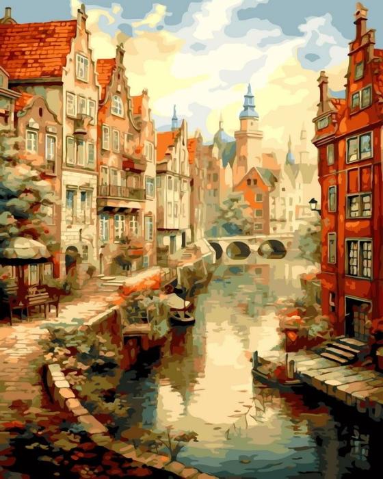 Urbanistinis piešimas su skaičiais tapyba pagal numerius -   Senamiesčio kanalo gatvė 40x50 cm + Medinis Rėmas