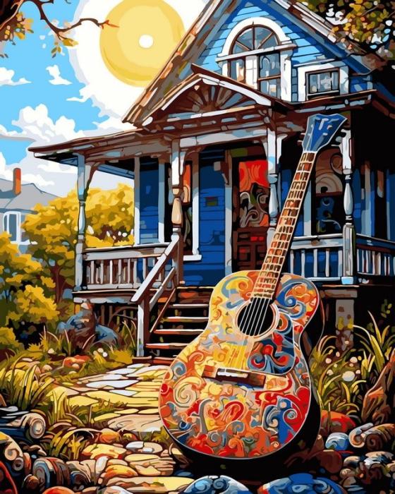 Urbanistinis piešimas su skaičiais tapyba pagal numerius -   Gitara prie kaimo namų 40x50 cm + Medinis Rėmas