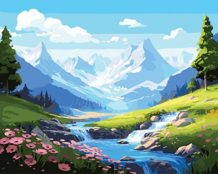 Neutralus  piešimas su skaičiais tapyba pagal numerius -   Alpių slėnis su kriokliu 40x50 cm + Medinis Rėmas