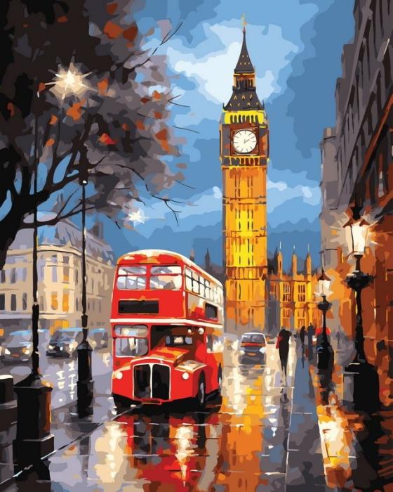 Urbanistinis piešimas su skaičiais tapyba pagal numerius -   Londono vakaras – Big Benas ir raudonasis autobusas 40x50 cm + Medinis Rėmas