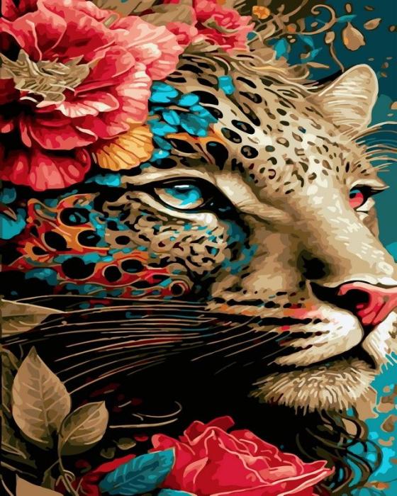 Moteriškas piešimas su skaičiais tapyba pagal numerius -   Leopardas gėlių džiunglėse 40x50 cm + Medinis Rėmas
