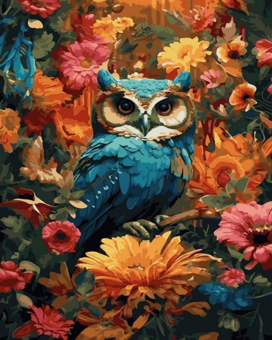 piešimas su skaičiais tapyba pagal numerius -   Pelėda rudens gėlėse 40x50 cm + Medinis Rėmas