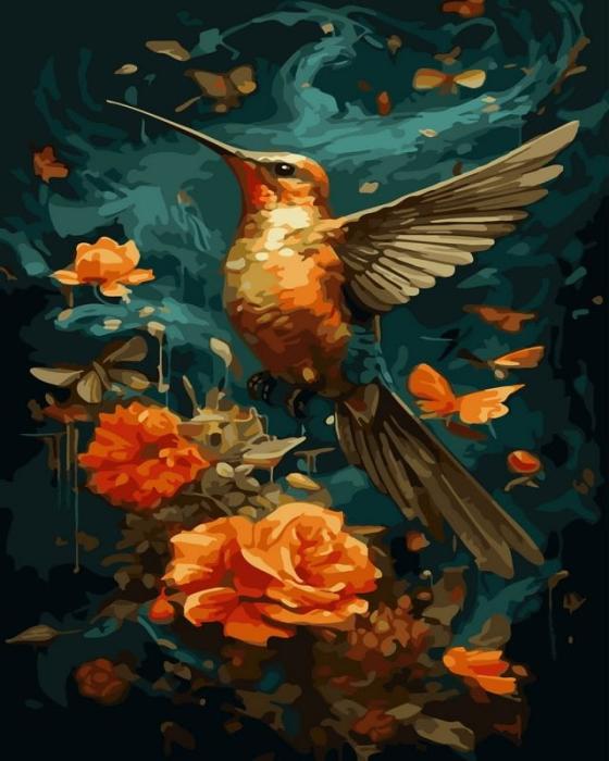 piešimas su skaičiais tapyba pagal numerius -   Kolibris ir oranžinės rožės 40x50 cm + Medinis Rėmas