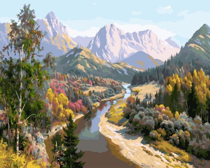 Neutralus  piešimas su skaičiais tapyba pagal numerius -   Kalnų upės slėnio kraštovaizdis 40x50 cm + Medinis Rėmas