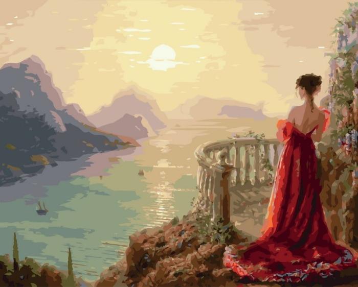 Moteriškas ir seksualus piešimas su skaičiais tapyba pagal numerius -   Moteris raudona suknele saulėlydyje 40x50 cm + Medinis Rėmas