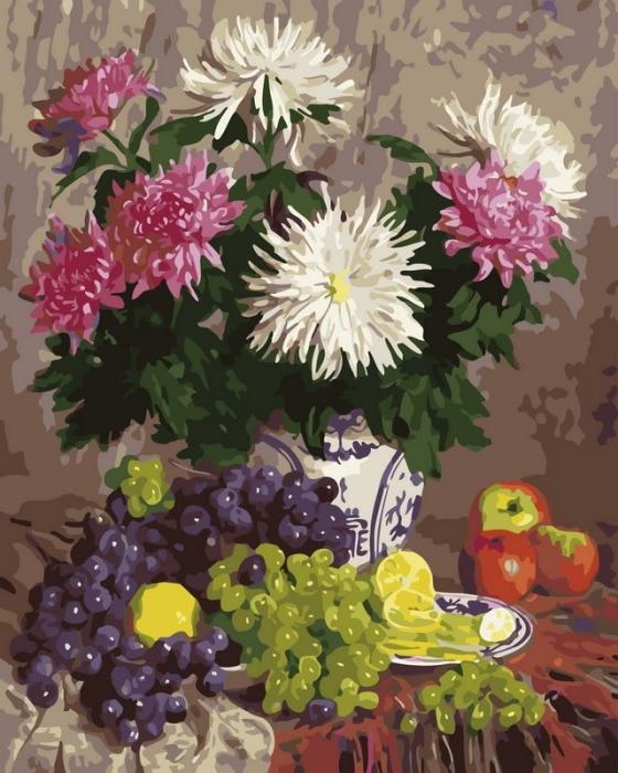 Moteriškas piešimas su skaičiais tapyba pagal numerius -   Chrizantemos ir vynuogės Natiurmortas 40x50 cm + Medinis Rėmas