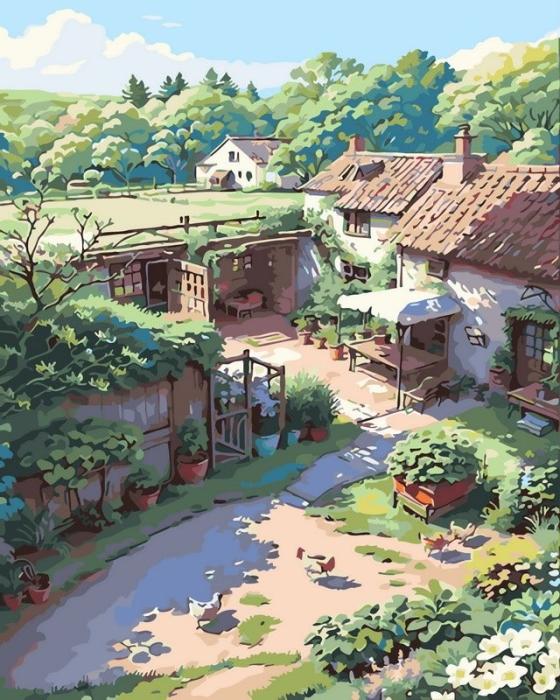Neutralus  piešimas su skaičiais tapyba pagal numerius -   Saulėtas kaimo kiemas 40x50 cm + Medinis Rėmas