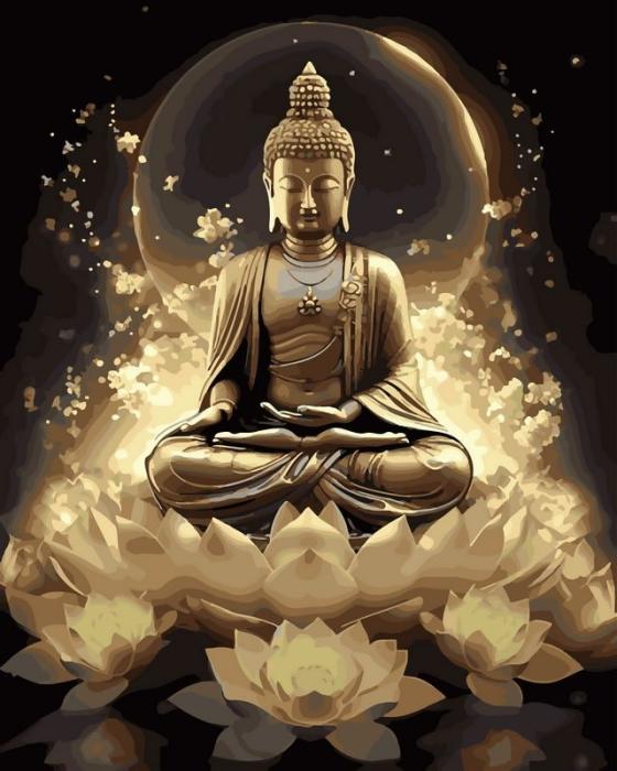 Religingas piešimas su skaičiais tapyba pagal numerius -   Auksinio Budos meditacija 40x50 cm + Medinis Rėmas