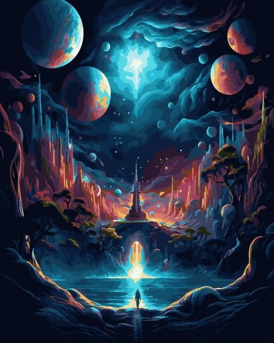 piešimas su skaičiais tapyba pagal numerius -   Kosminės fantazijos planetų slėnis 40x50 cm + Medinis Rėmas