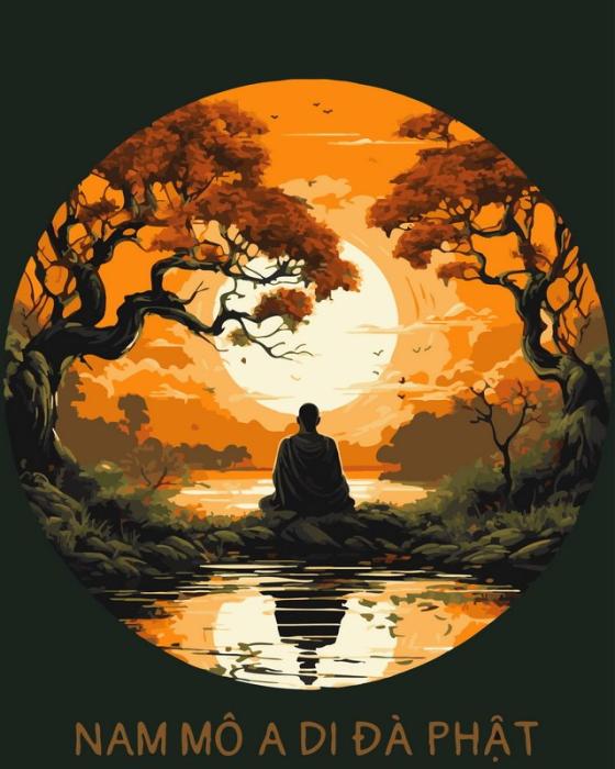 Neutralus  piešimas su skaičiais tapyba pagal numerius -   Rami meditacija saulėlydyje 40x50 cm + Medinis Rėmas