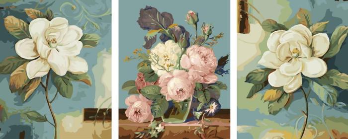 piešimas su skaičiais tapyba pagal numerius -   Klasikinė magnolija – triptiko kompozicija 40x50x3 cm + Medinis Rėmas