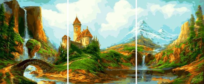 piešimas su skaičiais tapyba pagal numerius -   Pasakų pilis kalnų slėnyje 40x50x3 cm + Medinis Rėmas