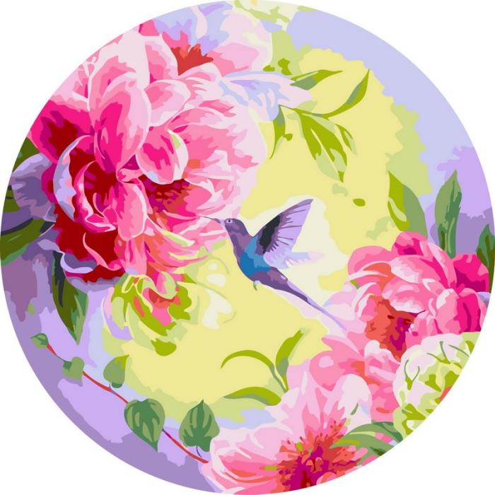 Moteriškas piešimas su skaičiais tapyba pagal numerius -   Bijūnai ir kolibris 40x40 cm + Medinis Rėmas