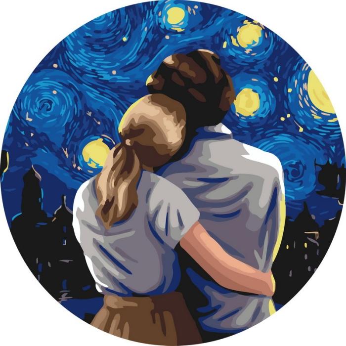 Romantiškas piešimas su skaičiais tapyba pagal numerius -   Pora po žvaigždėtu nakties dangumi 40x40 cm + Medinis Rėmas