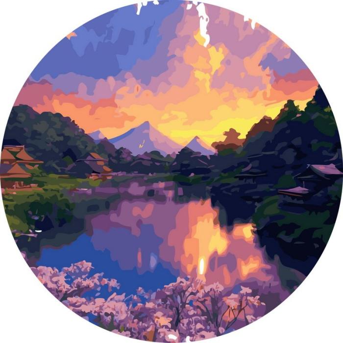 Neutralus  piešimas su skaičiais tapyba pagal numerius -   Spalvingas kalnų ežeras saulėlydžio metu 40x40 cm + Medinis Rėmas