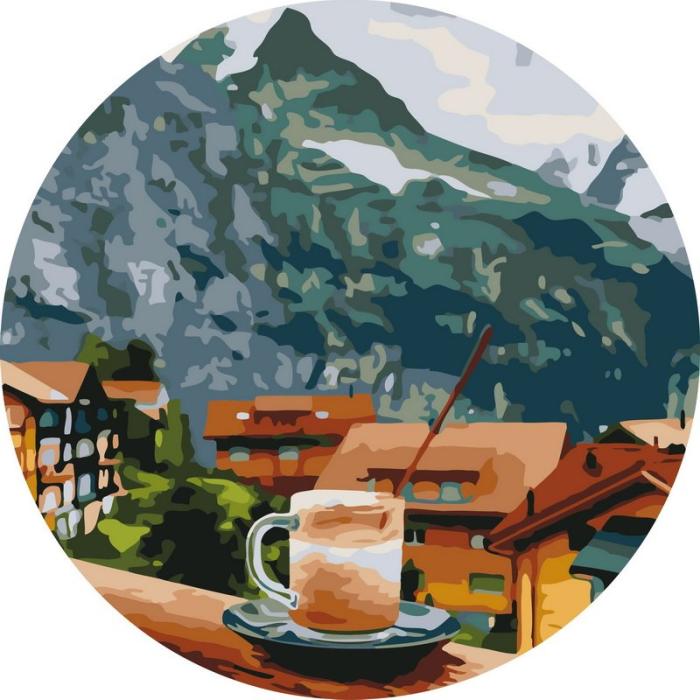 Neutralus  piešimas su skaičiais tapyba pagal numerius -   Kalnų kaimelio kavos vaizdas 40x40 cm + Medinis Rėmas