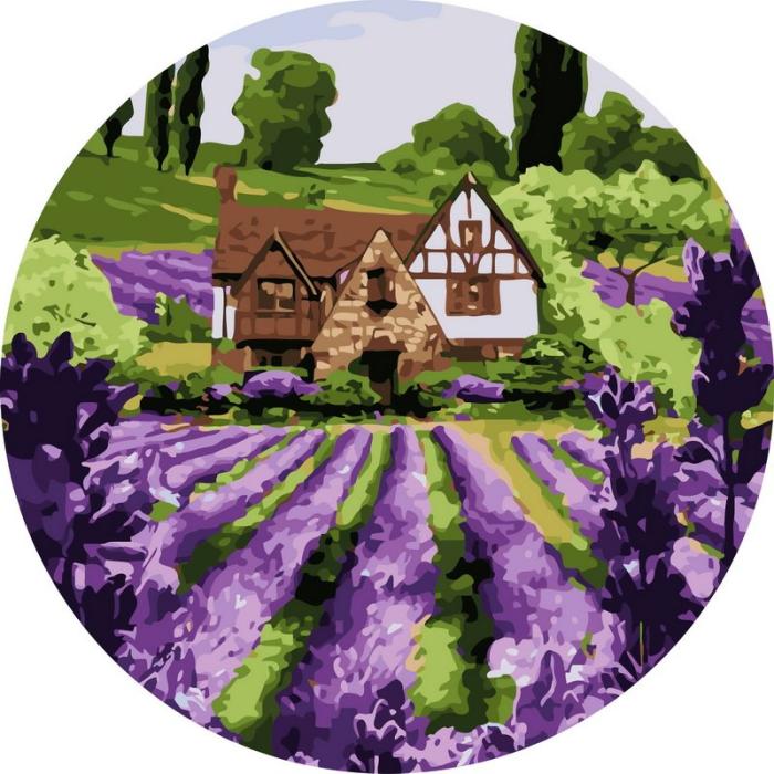Moteriškas piešimas su skaičiais tapyba pagal numerius -   Levandų namelis žydi 40x40 cm + Medinis Rėmas