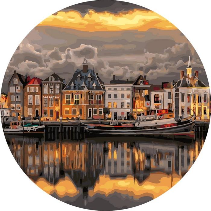 Urbanistinis piešimas su skaičiais tapyba pagal numerius -   Auksinio saulėlydžio uosto miestas 40x40 cm + Medinis Rėmas