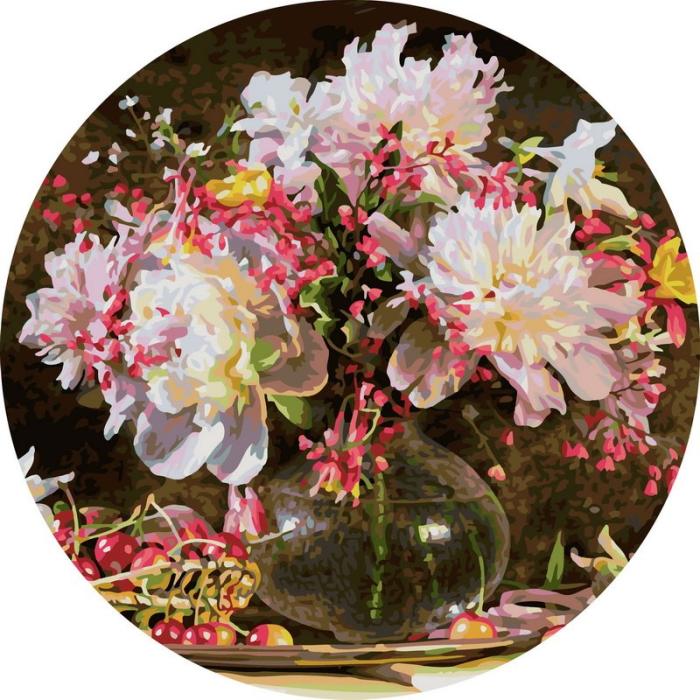 Moteriškas piešimas su skaičiais tapyba pagal numerius -   Baltieji bijūnai su raudonomis uogomis 40x40 cm + Medinis Rėmas