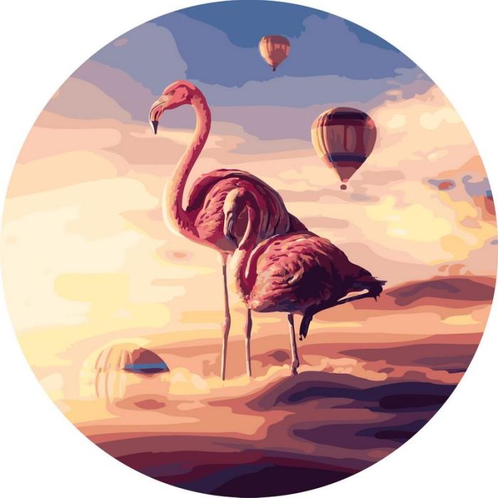 piešimas su skaičiais tapyba pagal numerius -   Flamingos saulėlydyje su oro balionais 40x40 cm + Medinis Rėmas