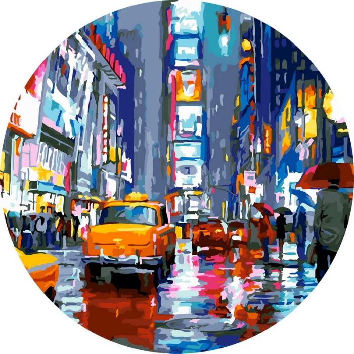 Urbanistinis piešimas su skaičiais tapyba pagal numerius -   Lietinga miesto gatvė su geltonu taksi 40x40 cm + Medinis Rėmas