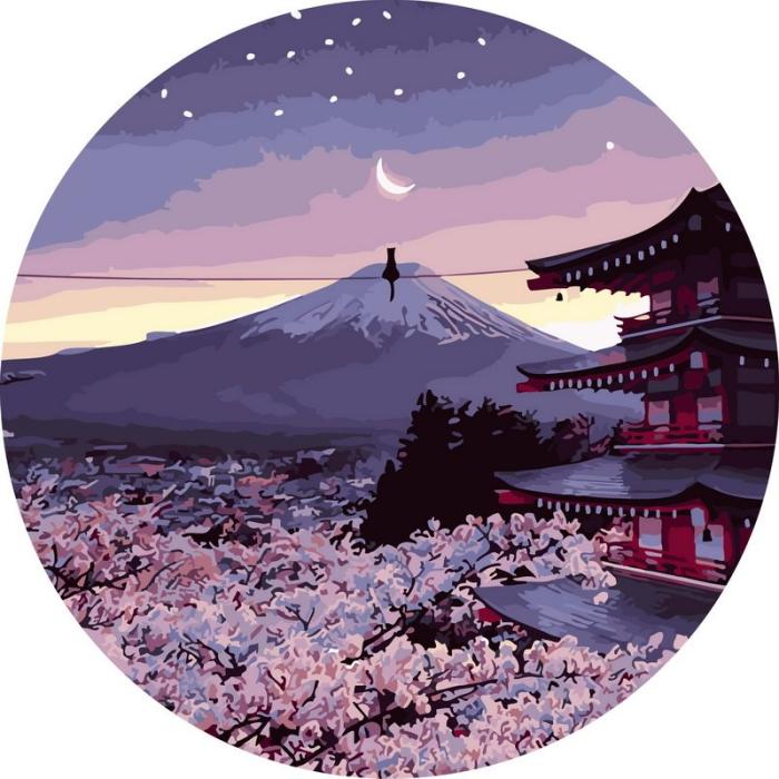 Moteriškas piešimas su skaičiais tapyba pagal numerius -   Mėnulio apšviesta sakura ir Fudžio kalnas 40x40 cm + Medinis Rėmas