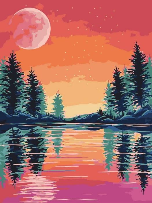 Neutralus  piešimas su skaičiais tapyba pagal numerius -   Rožinis mėnulis virš miško ežero 30x40 cm + Medinis Rėmas