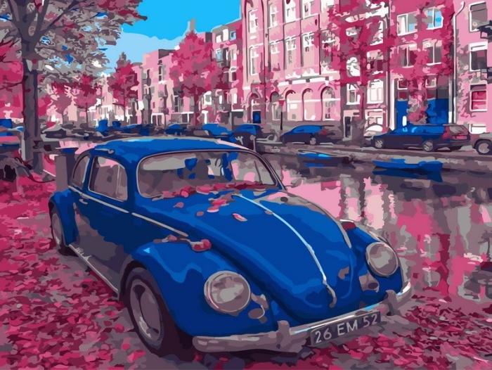 Urbanistinis piešimas su skaičiais tapyba pagal numerius -   Mėlynas senovinis automobilis Pink Blossom gatvėje 30x40 cm + Medinis Rėmas