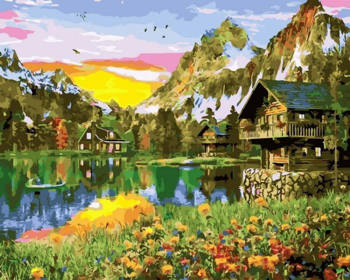 Neutralus  piešimas su skaičiais tapyba pagal numerius -   Ežero pakrantės kalnų nameliai saulėlydyje 40x50 cm + Medinis Rėmas