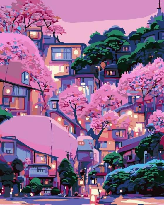 Neutralus  piešimas su skaičiais tapyba pagal numerius -   Japoniškas miestelis vyšnių žieduose 40x50 cm + Medinis Rėmas