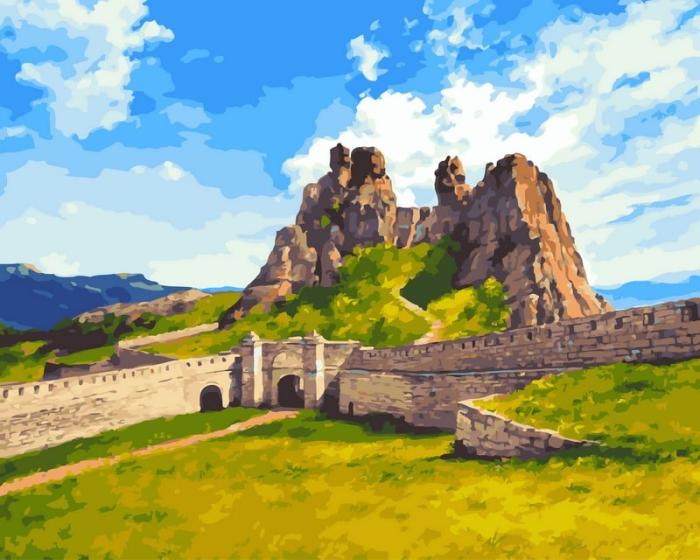 Neutralus  piešimas su skaičiais tapyba pagal numerius -   Kalnų tvirtovė ir uolos 40x50 cm + Medinis Rėmas