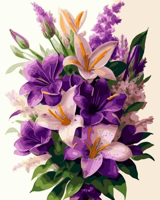 Moteriškas piešimas su skaičiais tapyba pagal numerius -   Violetinių lelijų puokštė 40x50 cm + Medinis Rėmas